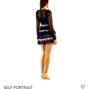Self Portrait Wave Guipure Tiered Lace Mini Dress Blue Black White 2 Long Sleeve